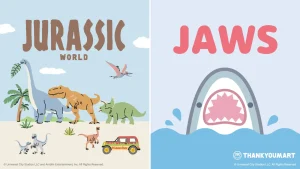 最新作公開で話題沸騰中の『ジュラシック・ワールド』、映画公開から50周年を迎える『ジョーズ』とのコラボレーション雑貨がサンキューマートに新登場！全品390円（税込429円）で7月中旬より発売開始！